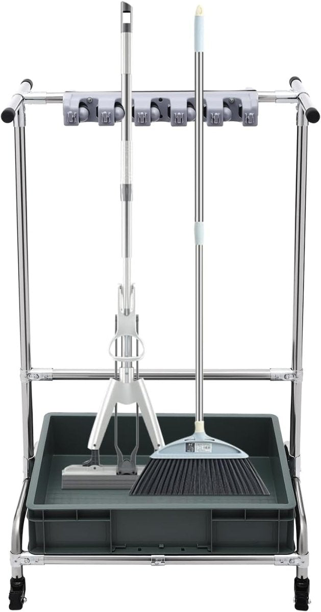 Mop Holder Rack with Wheels 12 Hooks Mobile Cleaning Trolley - Kwikley