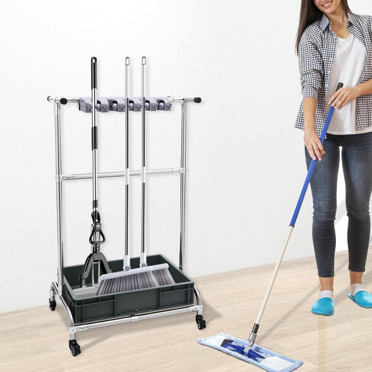 Mop Holder Rack with Wheels 12 Hooks Mobile Cleaning Trolley - Kwikley