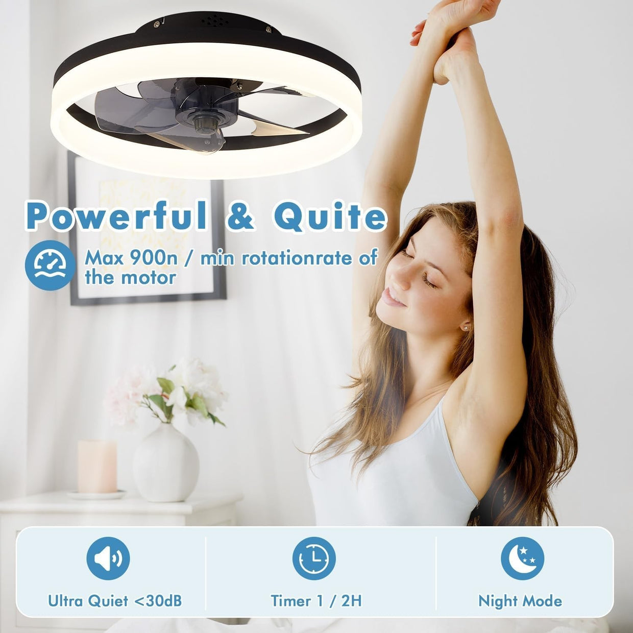 MOSSCO 40cm Ceiling Fan with Lights 6 Speeds LED 3 Colors Remote Black - Kwikley