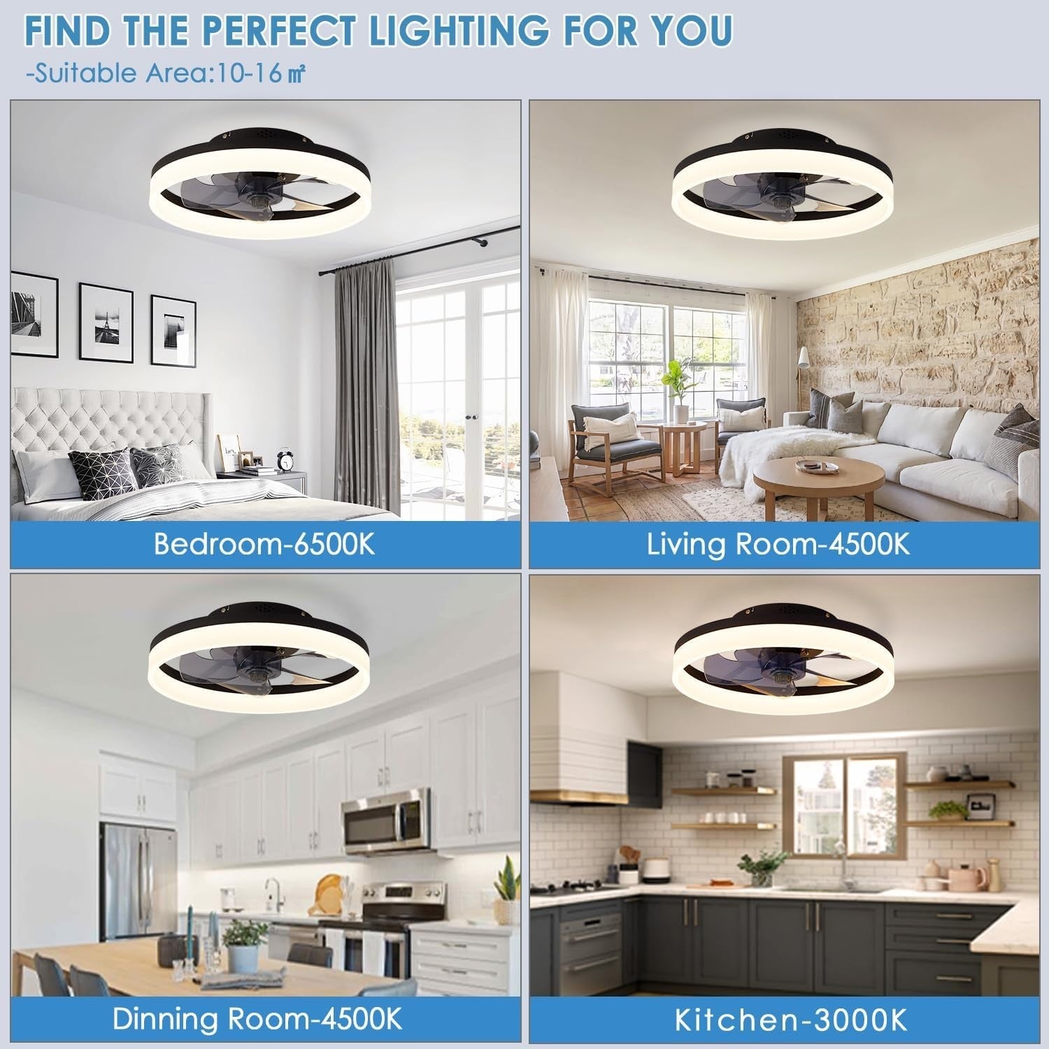 MOSSCO 40cm Ceiling Fan with Lights 6 Speeds LED 3 Colors Remote Black - Kwikley