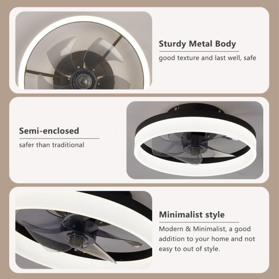 MOSSCO 40cm Ceiling Fan with Lights 6 Speeds LED 3 Colors Remote Black - Kwikley