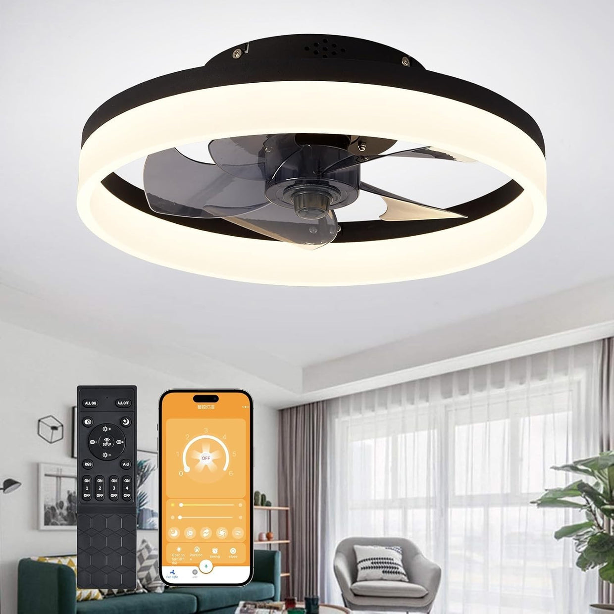MOSSCO 40cm Ceiling Fan with Lights 6 Speeds LED 3 Colors Remote Black - Kwikley