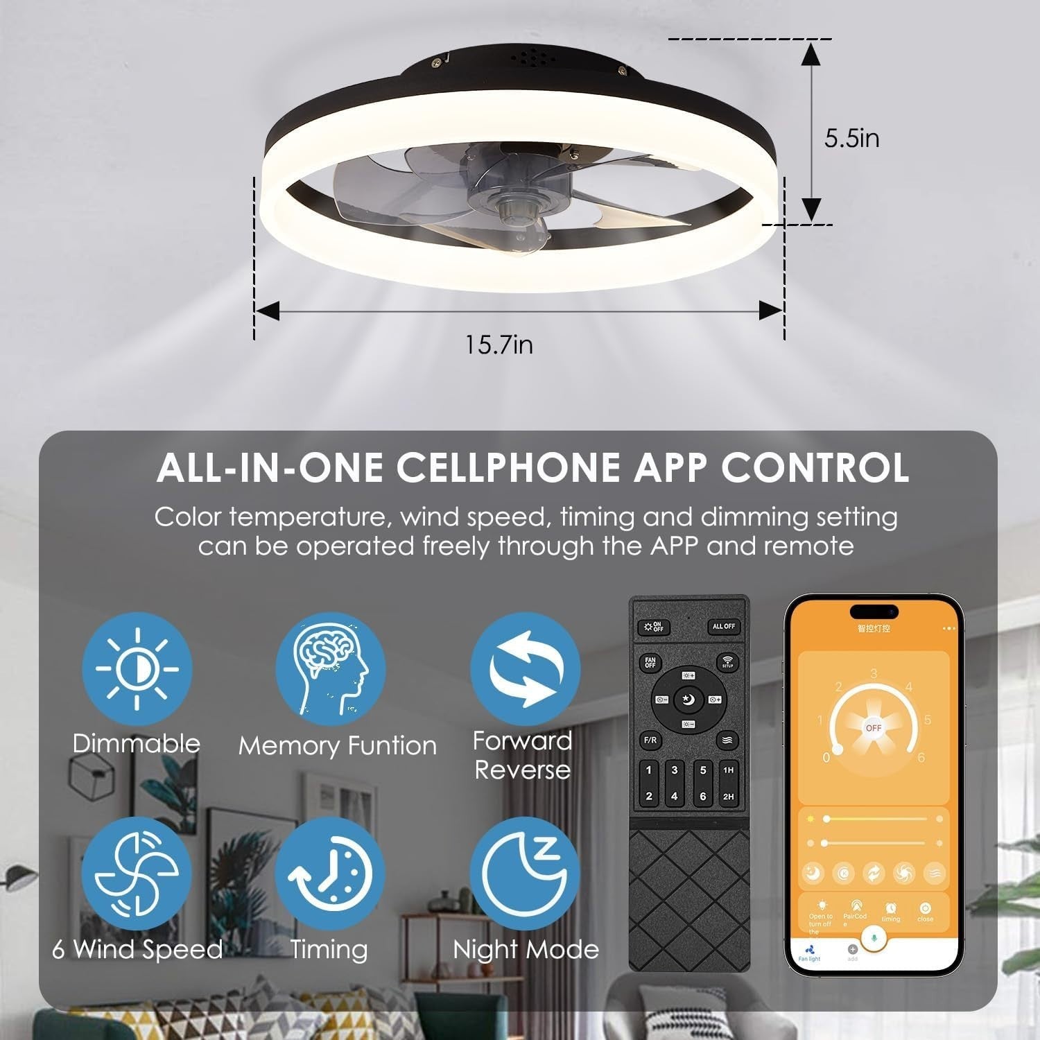 MOSSCO 40cm Ceiling Fan with Lights 6 Speeds LED 3 Colors Remote Black - Kwikley
