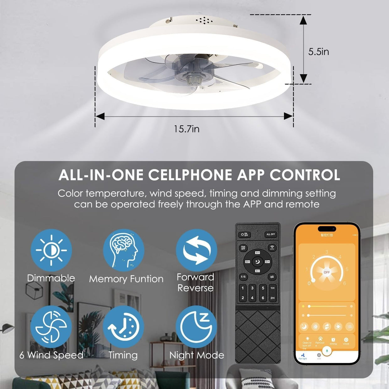 MOSSCO 40cm Ceiling Fan with Lights 6 Speeds Reversible LED Dimmable - Kwikley