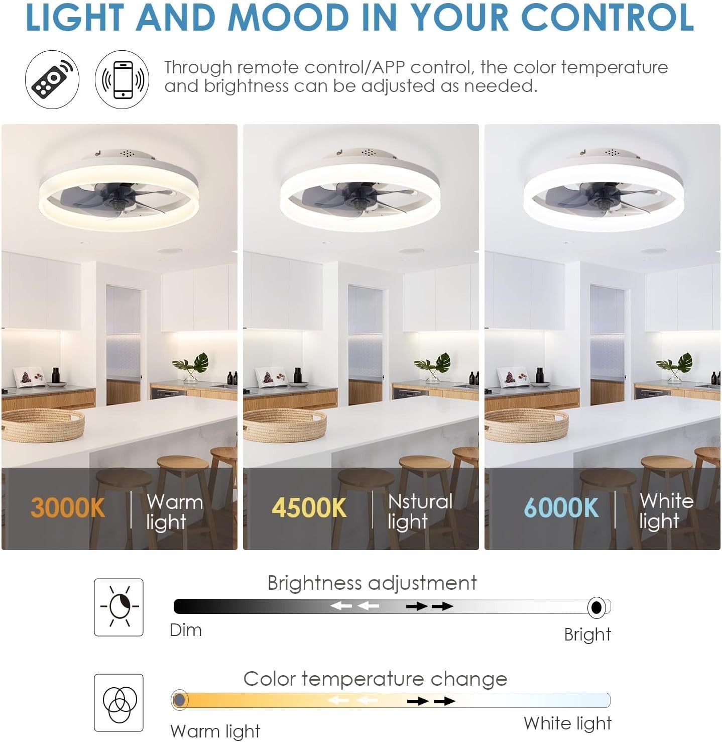 MOSSCO 40cm Ceiling Fan with Lights 6 Speeds Reversible LED Dimmable - Kwikley