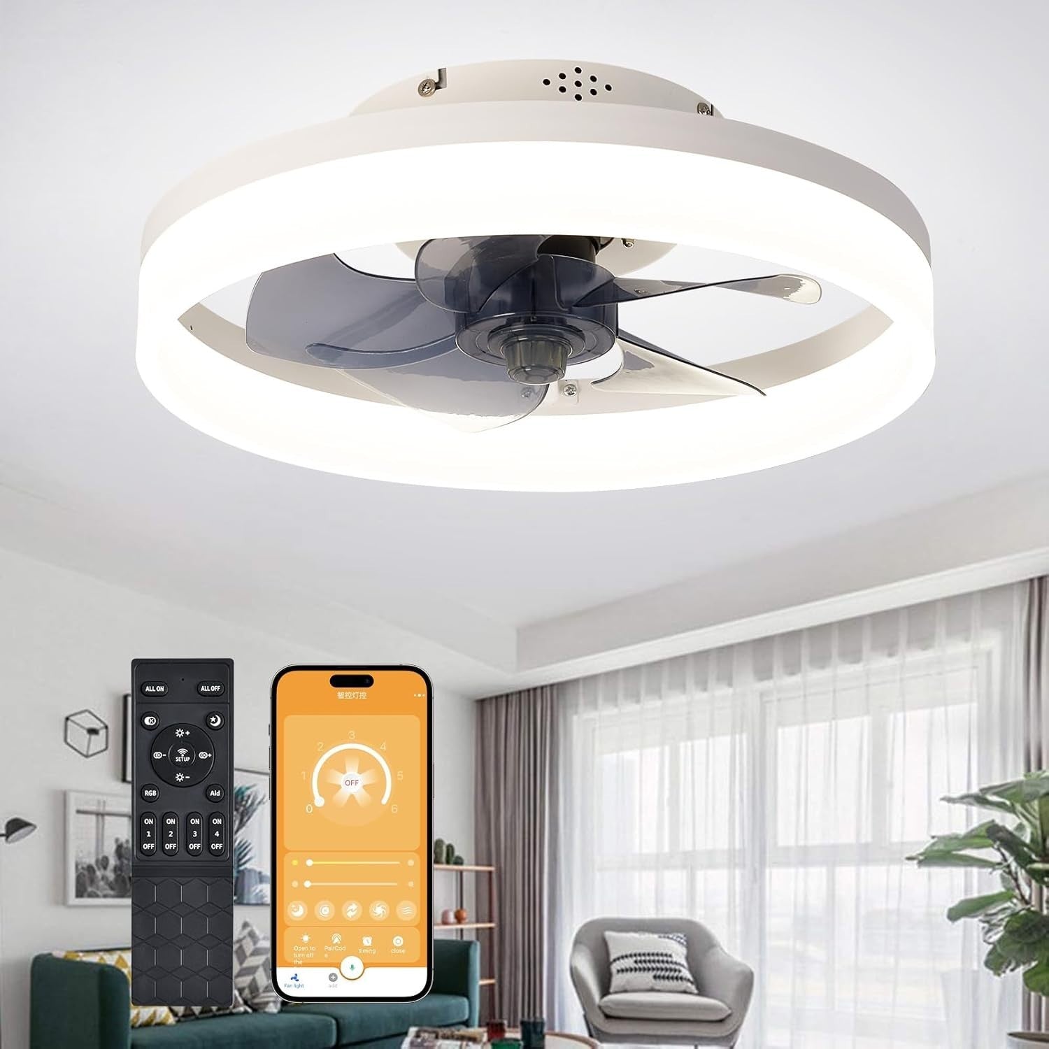 MOSSCO 40cm Ceiling Fan with Lights 6 Speeds Reversible LED Dimmable - Kwikley