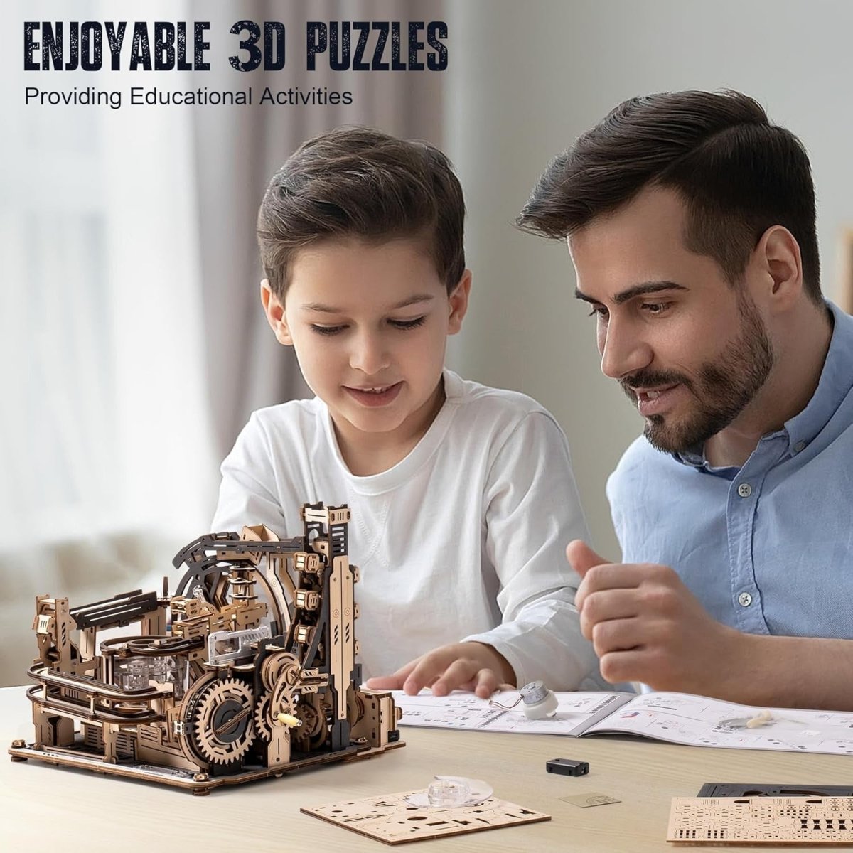 Motorized Marble Run 3D Wooden Puzzle STEM Building Kit LED Display - Kwikley