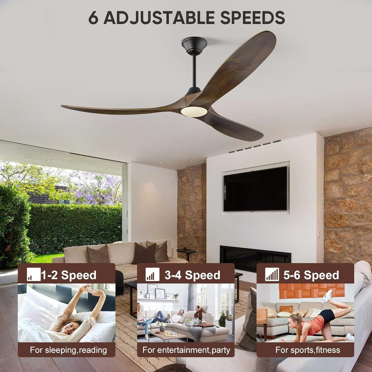 MSHENUED 60" Wood Ceiling Fan with Light, 6 - Speed DC Motor, Black Walnut - Kwikley