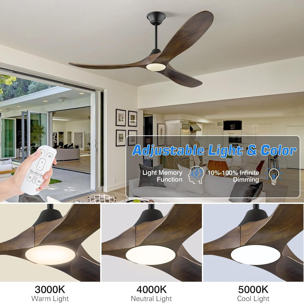 MSHENUED 60" Wood Ceiling Fan with Light, 6 - Speed DC Motor, Black Walnut - Kwikley
