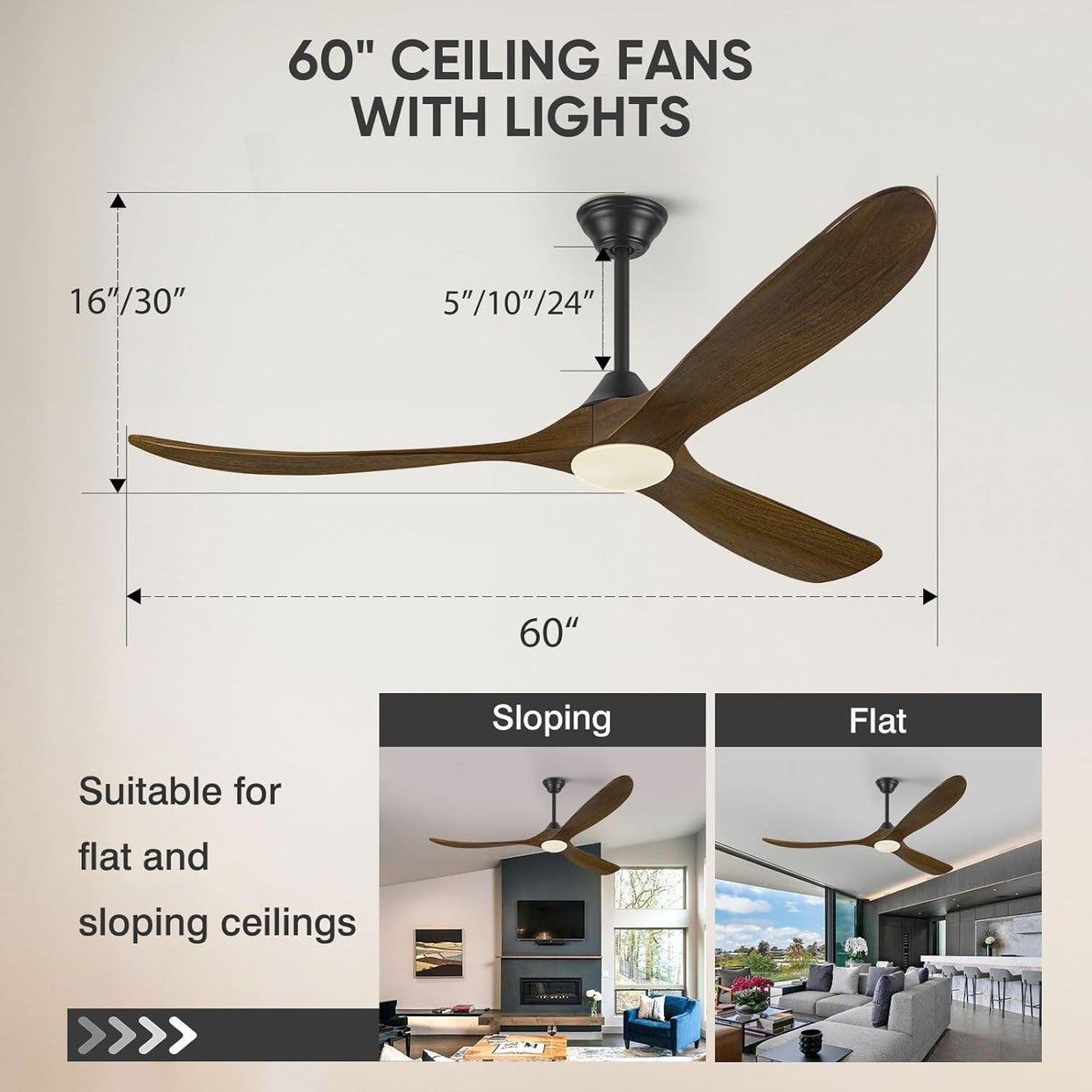 MSHENUED 60" Wood Ceiling Fan with Light, 6 - Speed DC Motor, Black Walnut - Kwikley