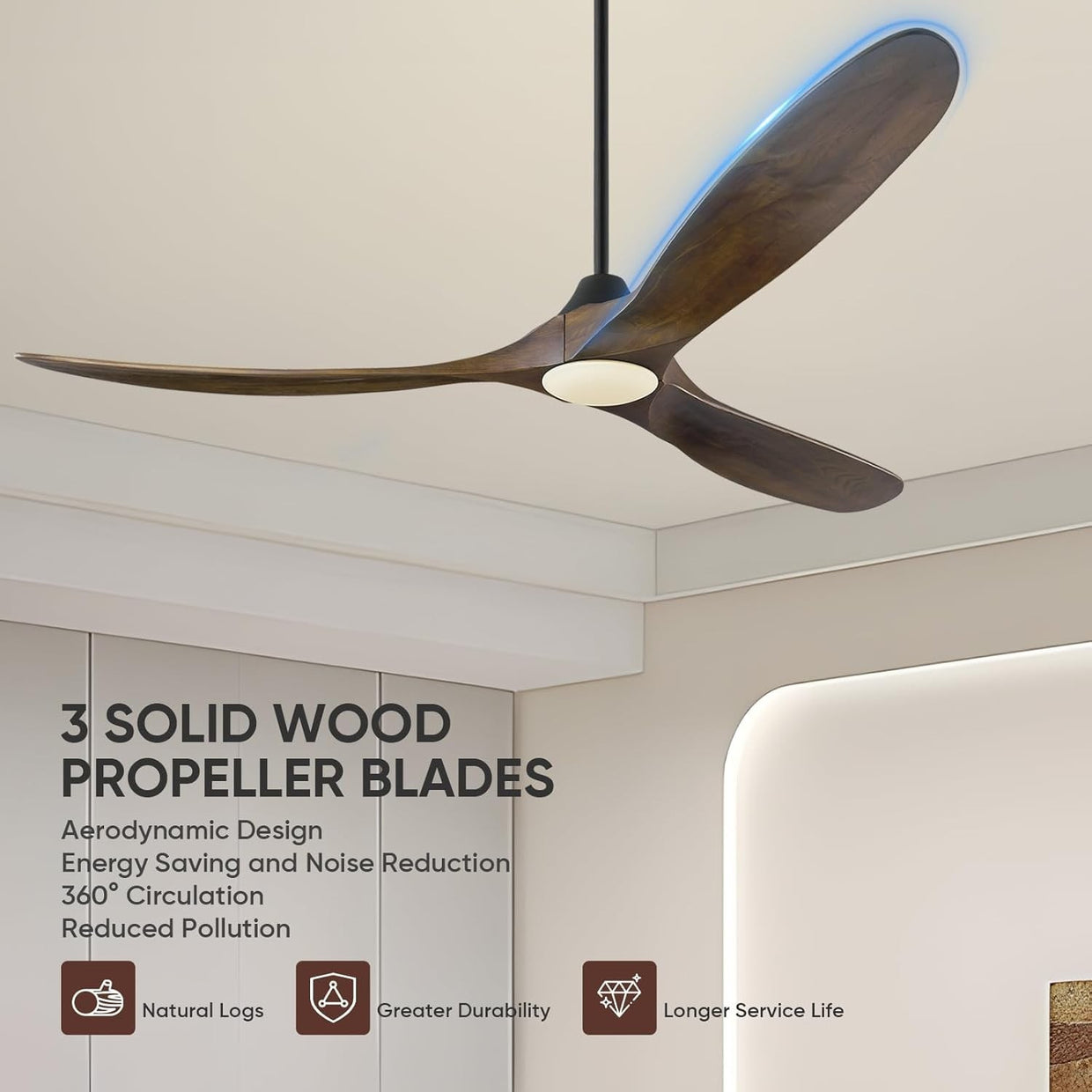 MSHENUED 60" Wood Ceiling Fan with Light, 6 - Speed DC Motor, Black Walnut - Kwikley