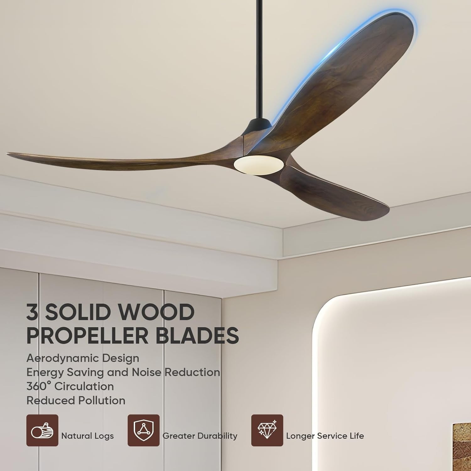MSHENUED 60" Wood Ceiling Fan with Light, 6 - Speed DC Motor, Black Walnut - Kwikley