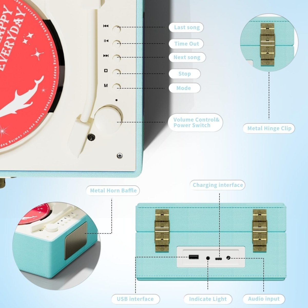 Music Box CD Player Rechargeable Speakers Bluetooth USB AUX Home Decor - Kwikley