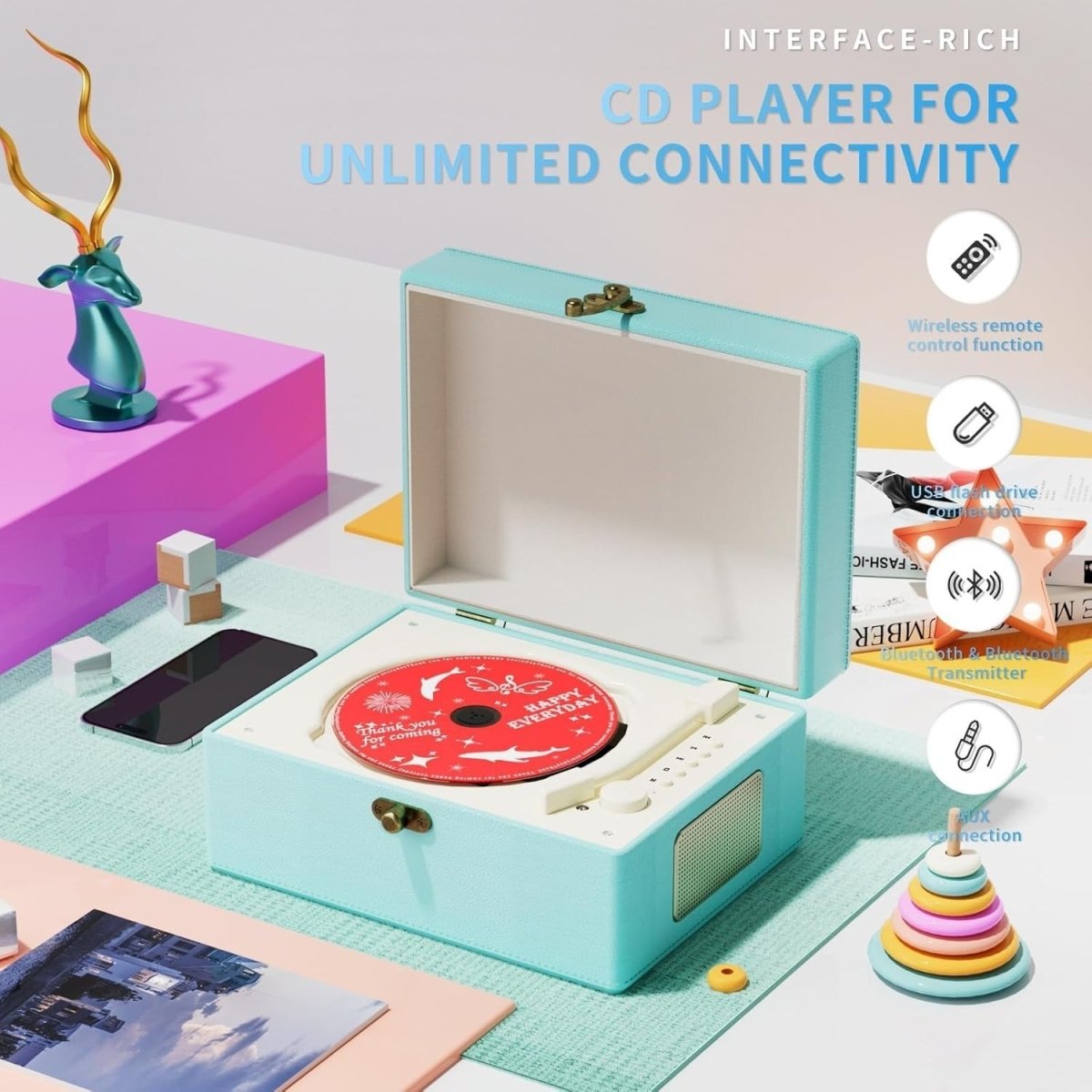 Music Box CD Player Rechargeable Speakers Bluetooth USB AUX Home Decor - Kwikley