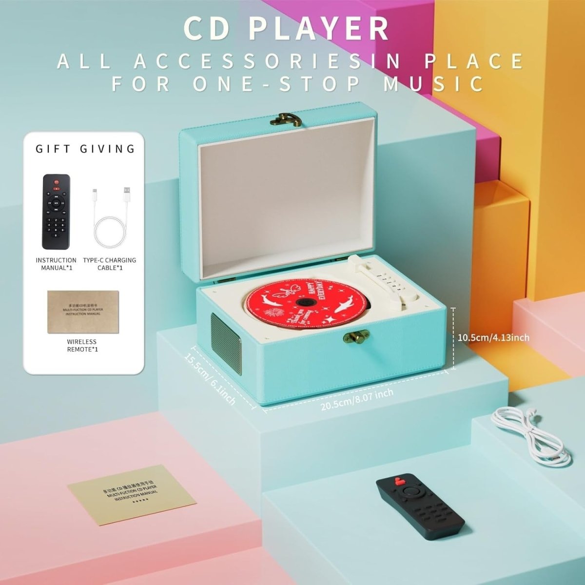 Music Box CD Player Rechargeable Speakers Bluetooth USB AUX Home Decor - Kwikley