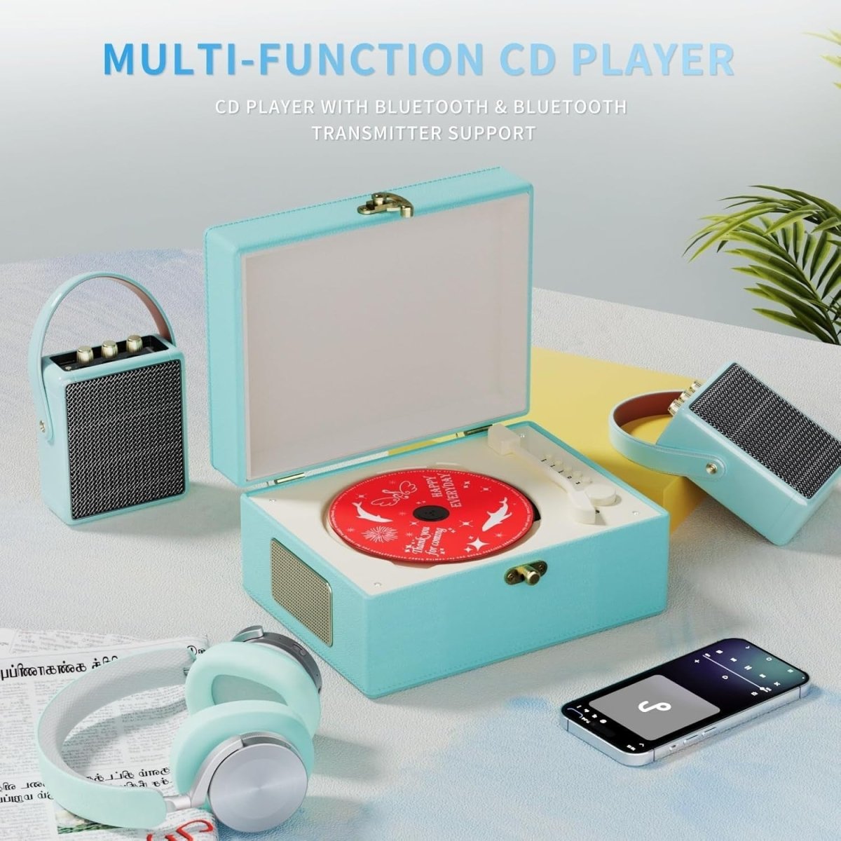 Music Box CD Player Rechargeable Speakers Bluetooth USB AUX Home Decor - Kwikley