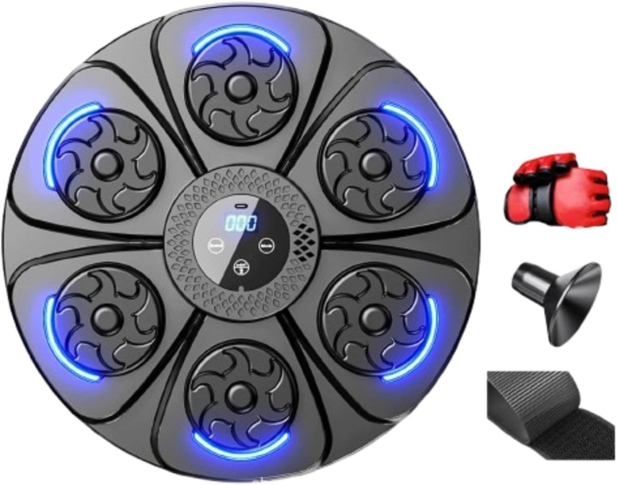 Music Boxing Machine Black Blue LED Wall Target Reaction Trainer with Gloves - Kwikley