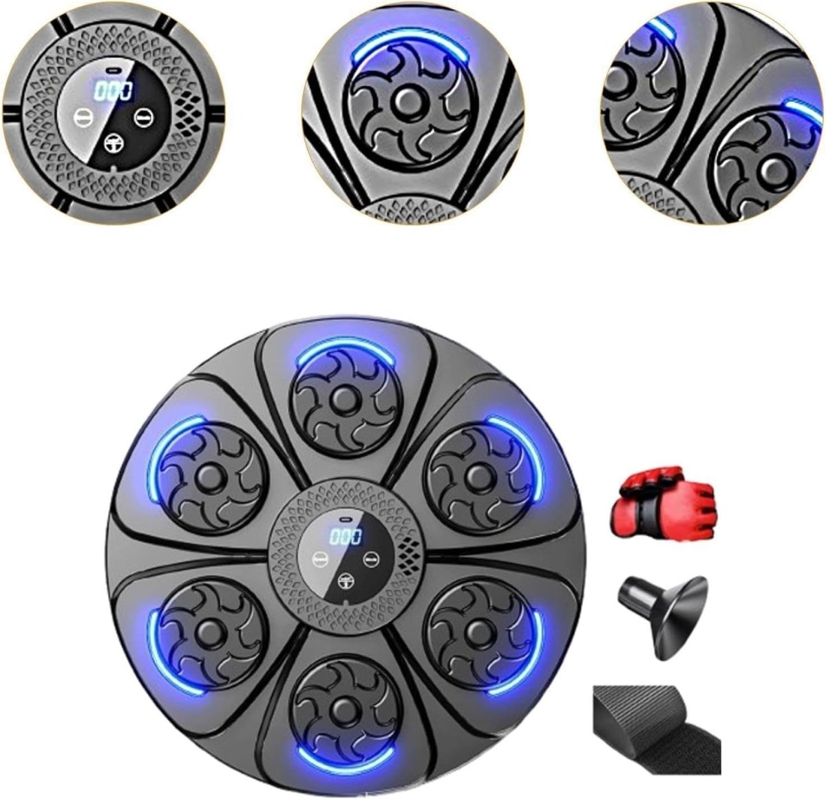 Music Boxing Machine Black Blue LED Wall Target Reaction Trainer with Gloves - Kwikley