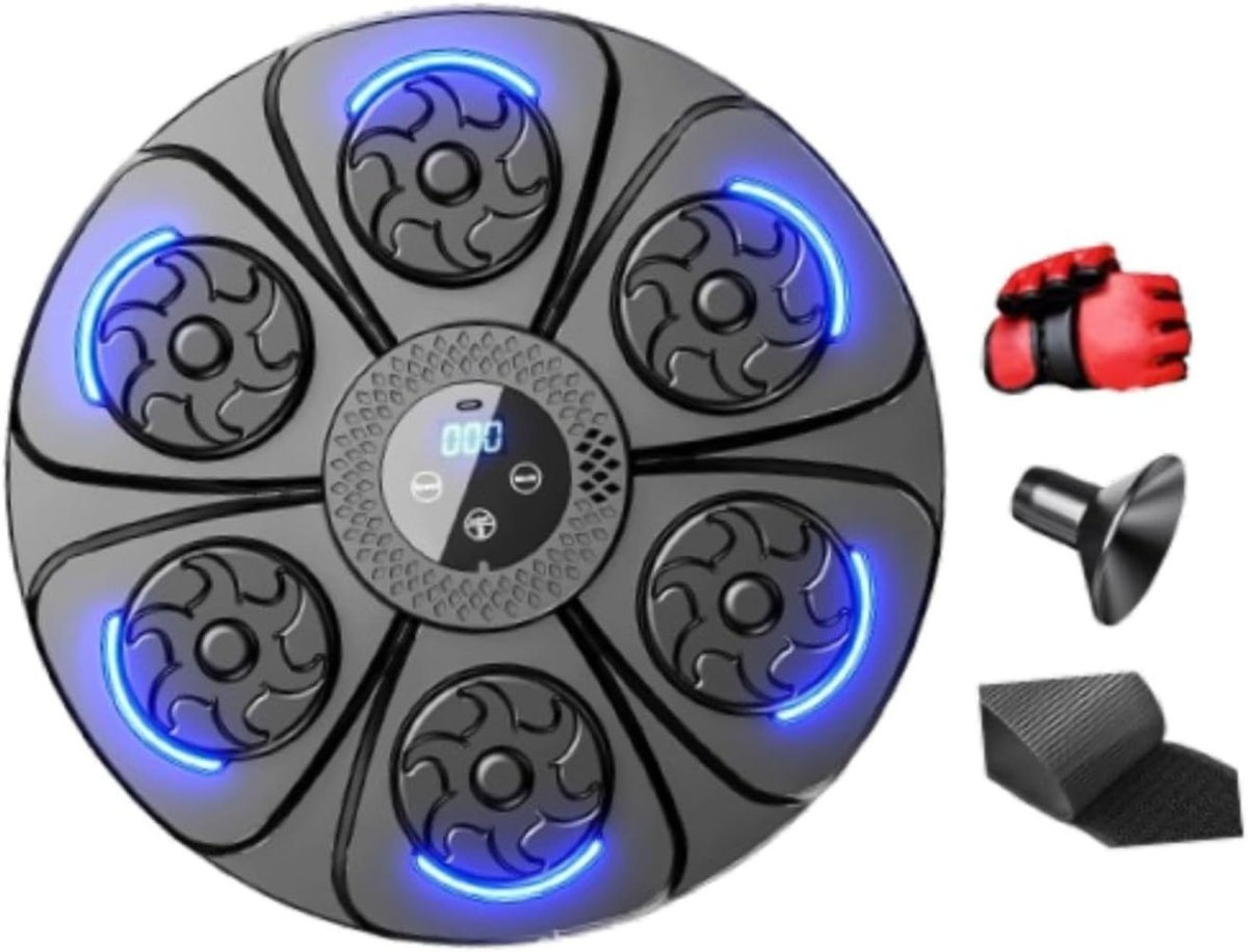 Music Boxing Machine Black Blue LED Wall Target Reaction Trainer with Gloves - Kwikley