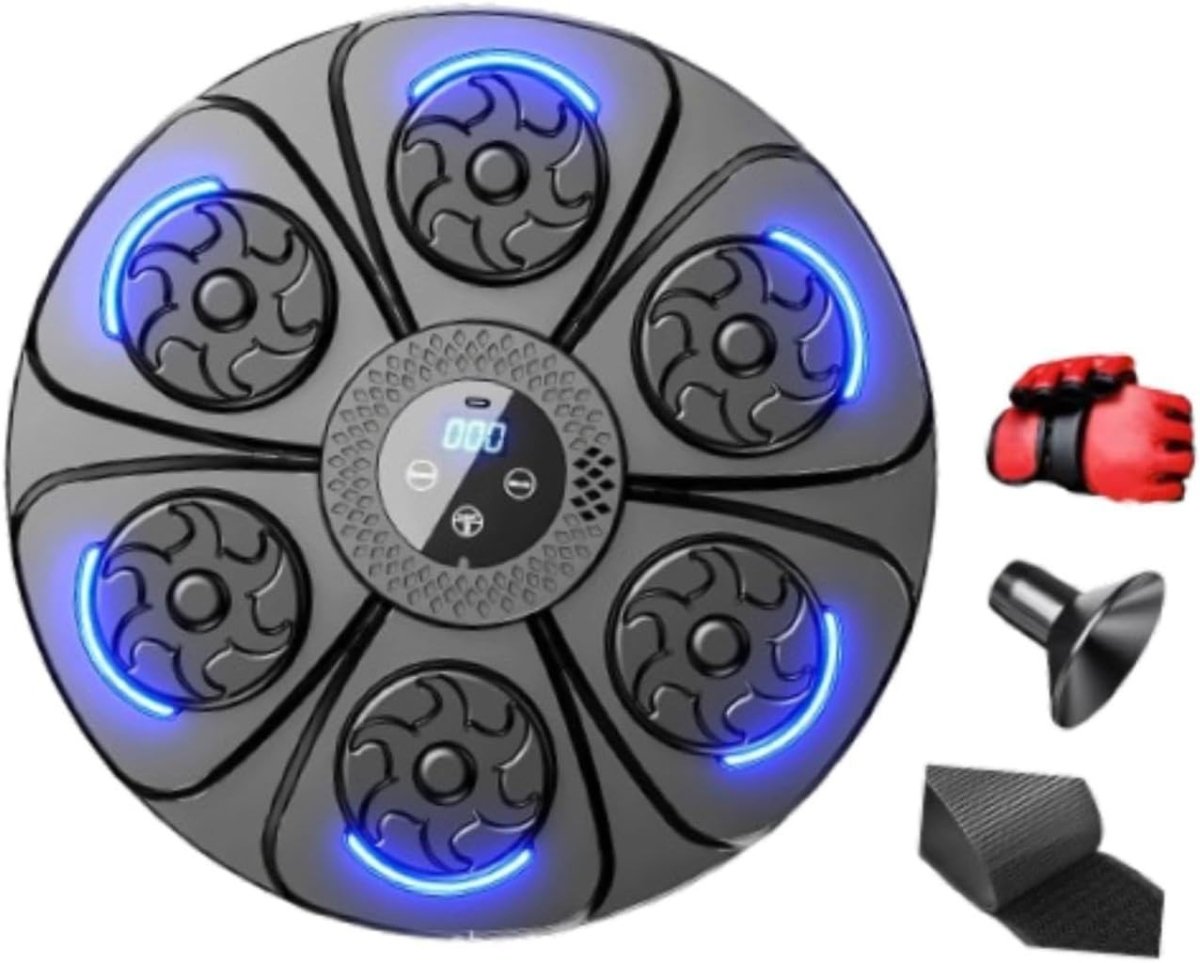 Music Boxing Machine Black Blue LED Wall Target Reaction Trainer with Gloves - Kwikley