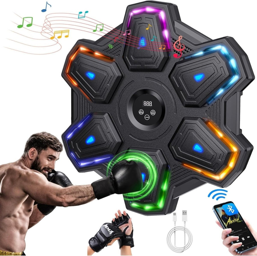 Music Boxing Machine Black Multicolor LED Wall Punch Trainer With Gloves - Kwikley