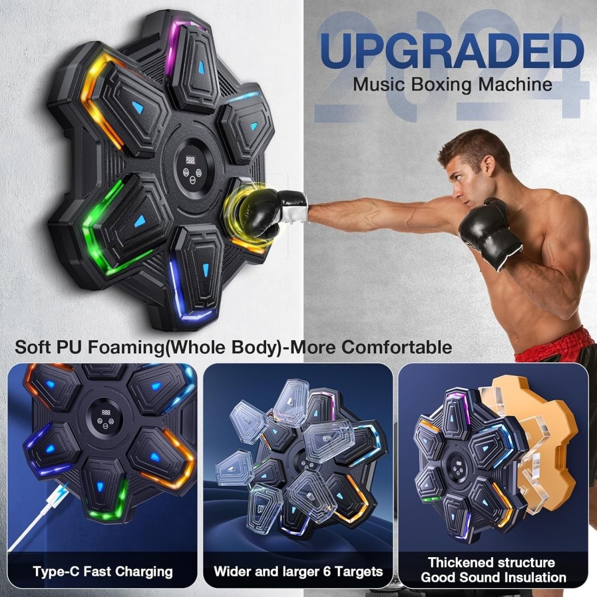 Music Boxing Machine Black Multicolor LED Wall Punch Trainer With Gloves - Kwikley