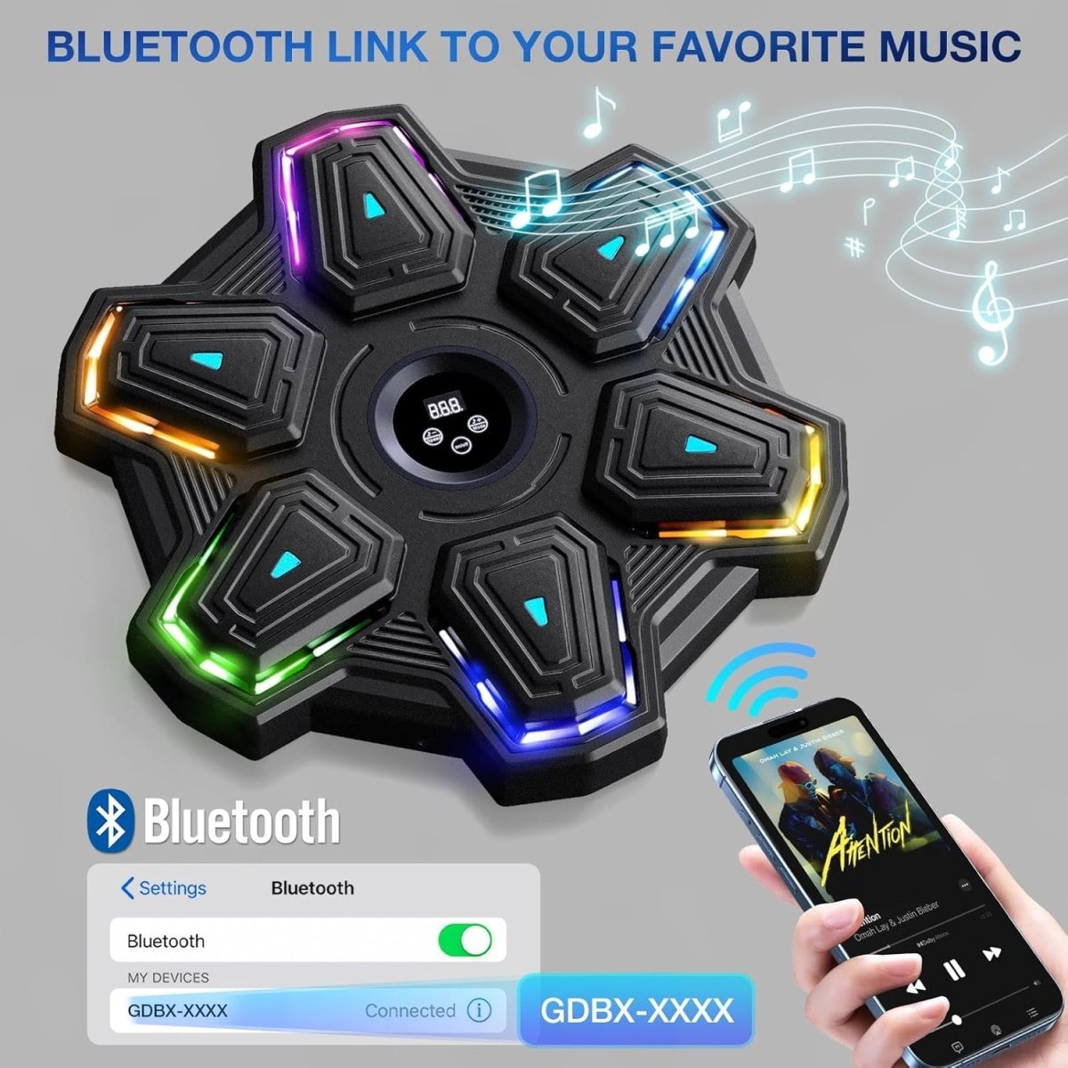 Music Boxing Machine Black Multicolor LED Wall Punch Trainer With Gloves - Kwikley