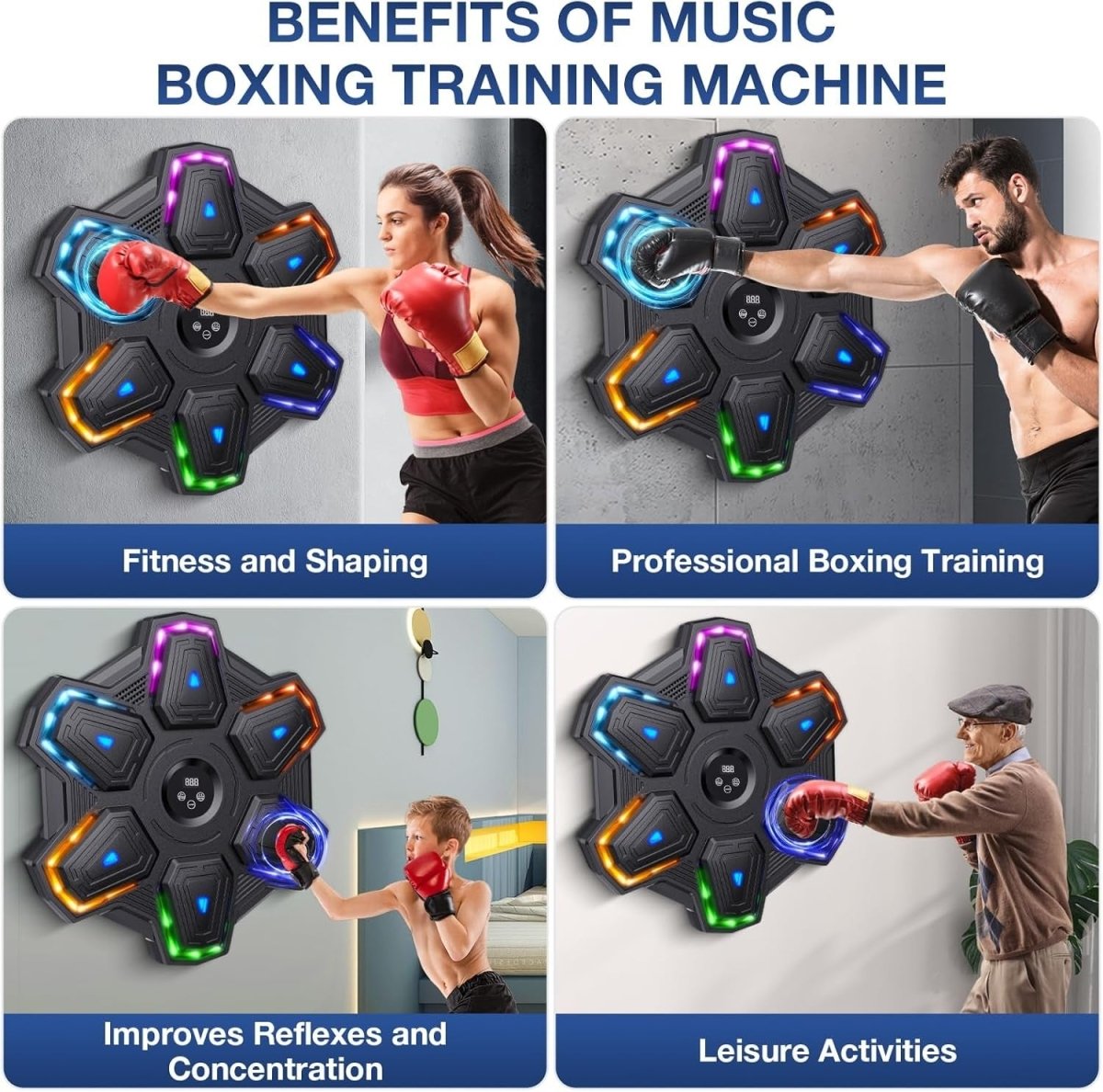 Music Boxing Machine Black Multicolor LED Wall Punch Trainer With Gloves - Kwikley