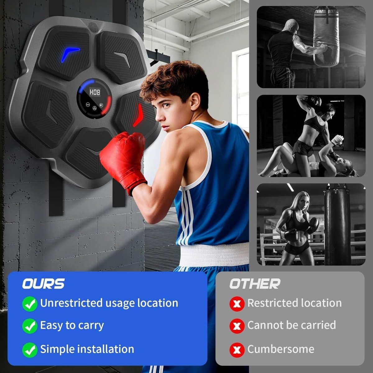 Music Boxing Machine Bluetooth LED Punch Pad Wall Mount Interactive Home Trainer - Kwikley