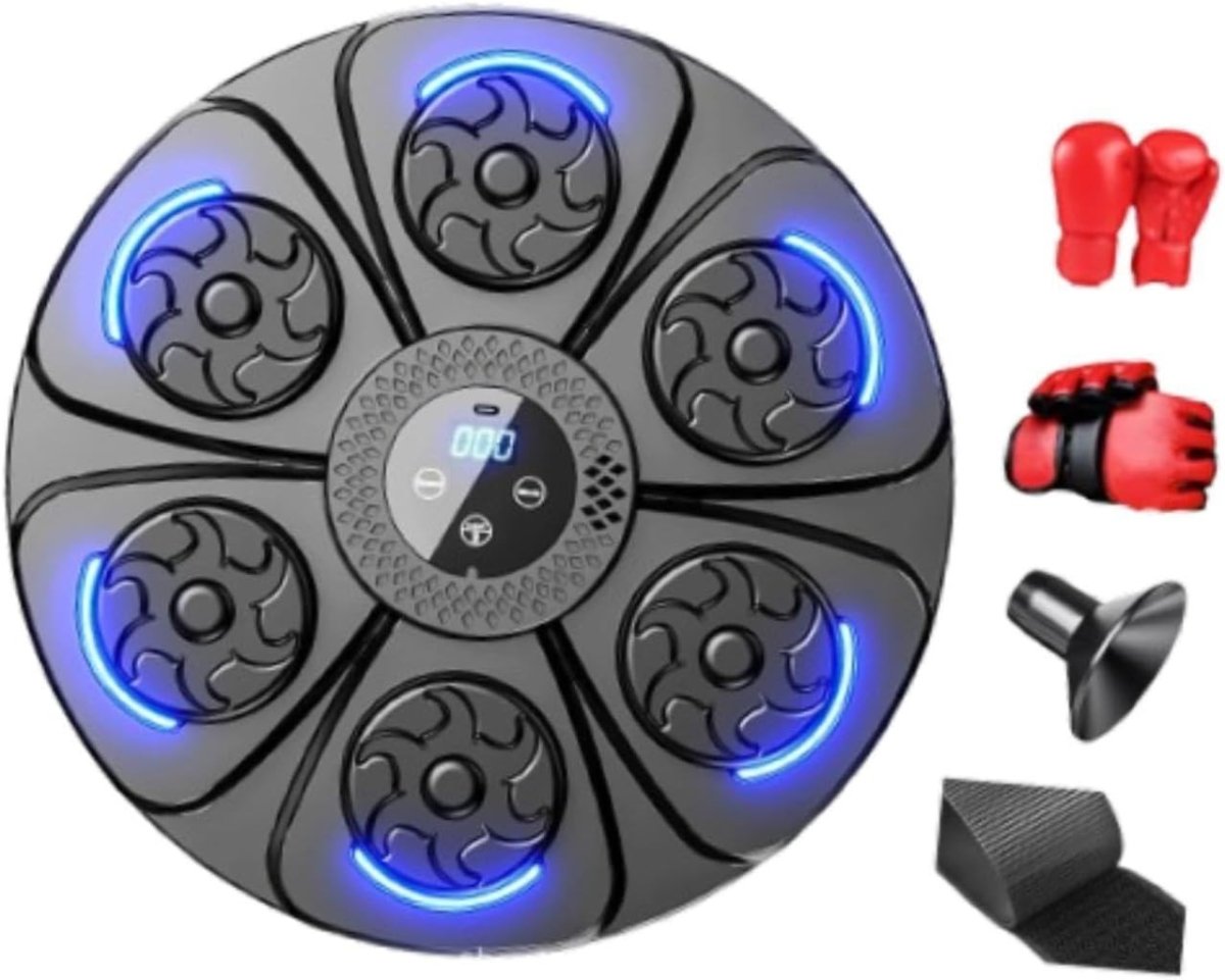 Music Boxing Wall Target Black Blue LED Reaction Trainer with Gloves - Kwikley