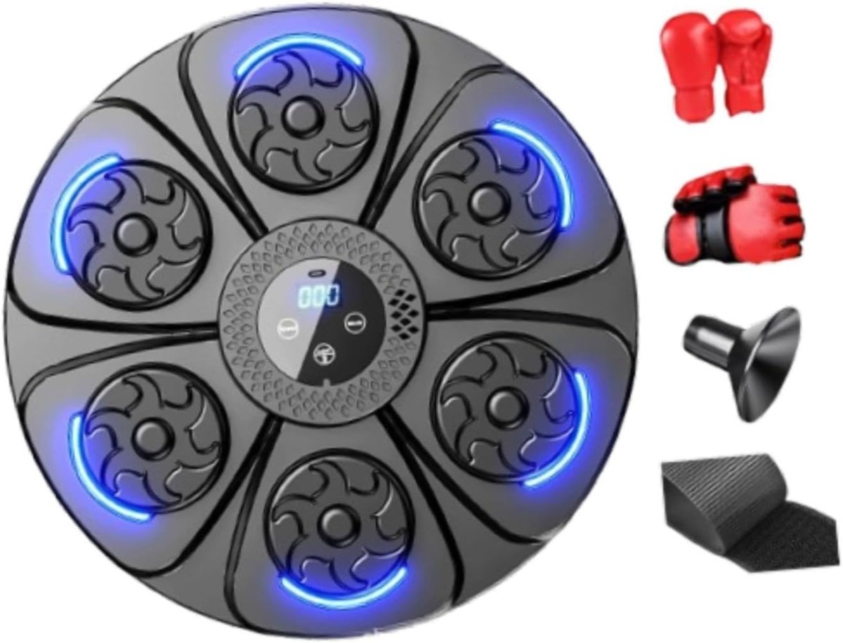 Music Boxing Wall Target Black Blue LED Reaction Trainer with Gloves - Kwikley