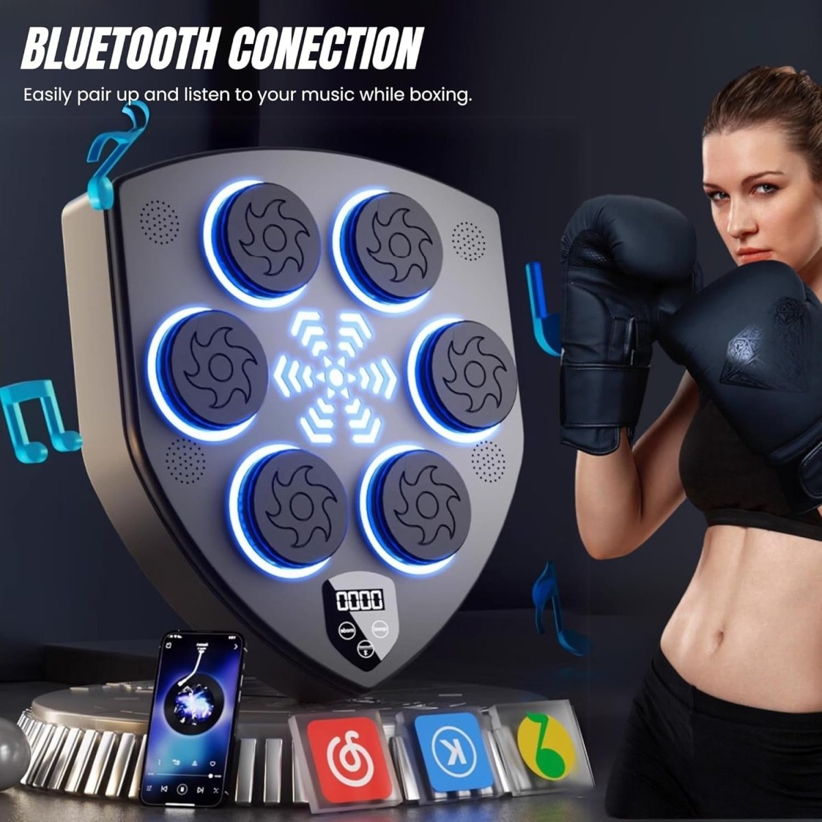 Musical Boxing Machine Wall Mounted Bluetooth LED Training Pad Black - Kwikley