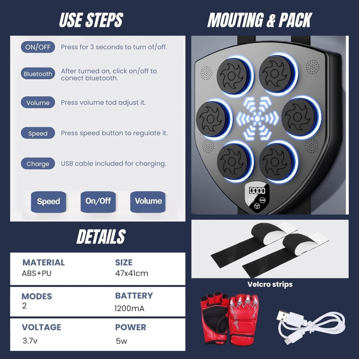 Musical Boxing Machine Wall Mounted Bluetooth LED Training Pad Black - Kwikley