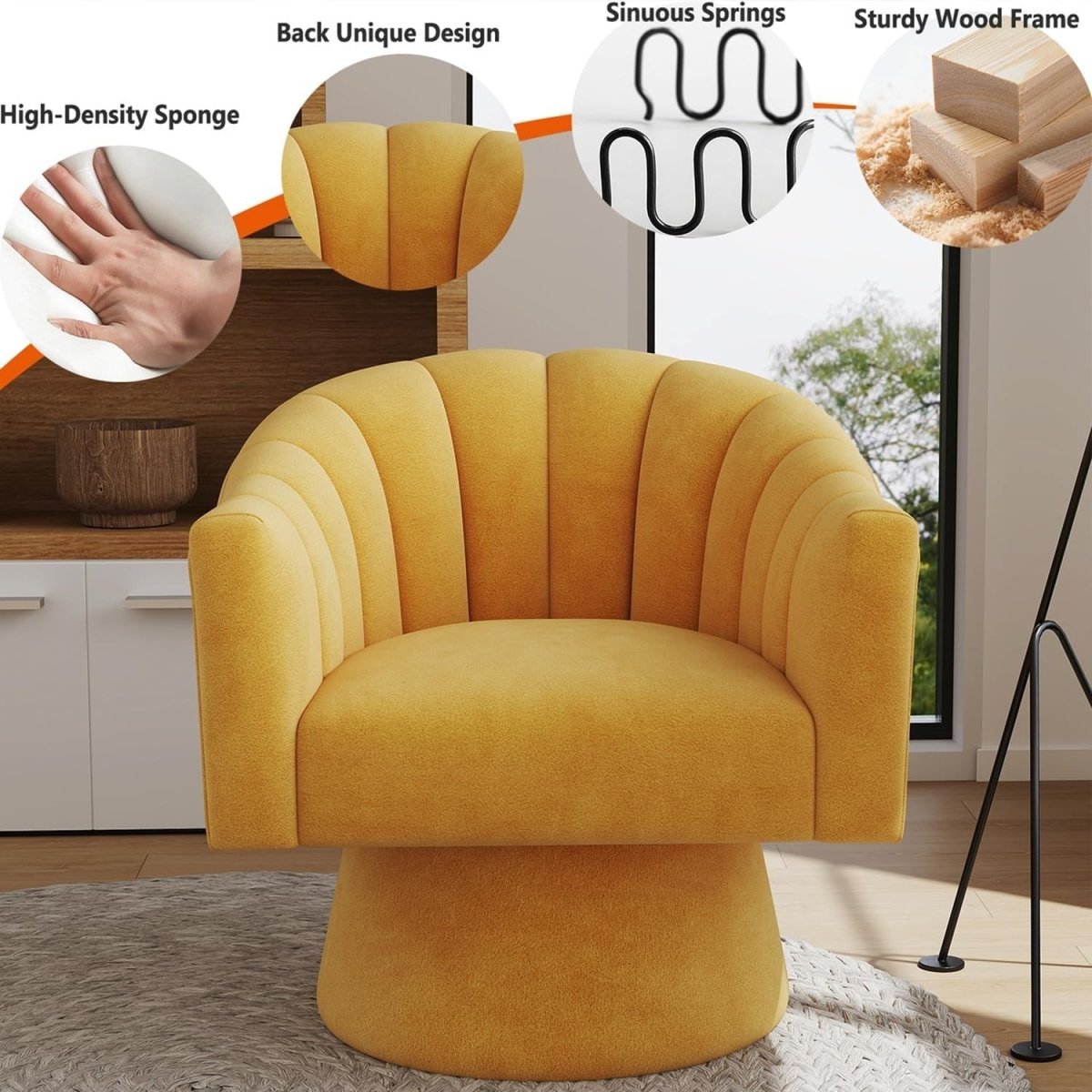 Mustard Velvet Swivel Accent Chair 360° Barrel Lounge Armchair - Kwikley