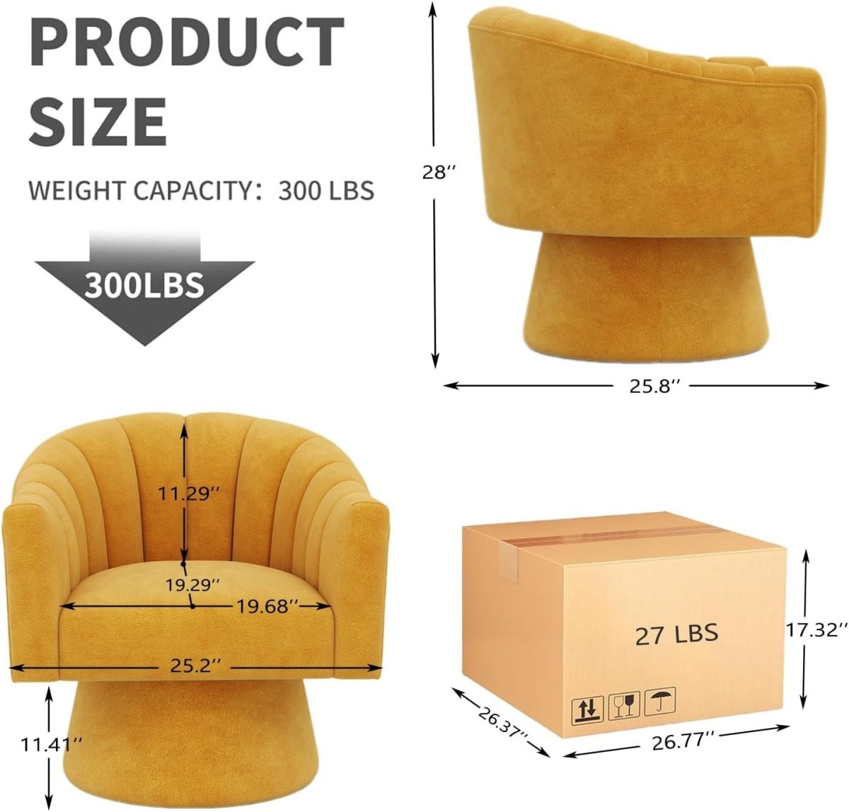 Mustard Velvet Swivel Accent Chair 360° Barrel Lounge Armchair - Kwikley