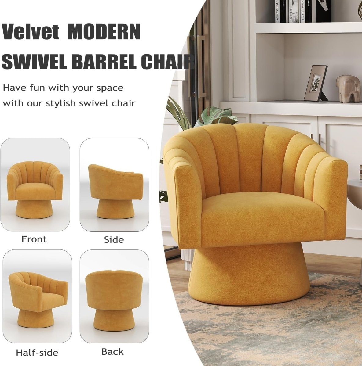 Mustard Velvet Swivel Accent Chair 360° Barrel Lounge Armchair - Kwikley