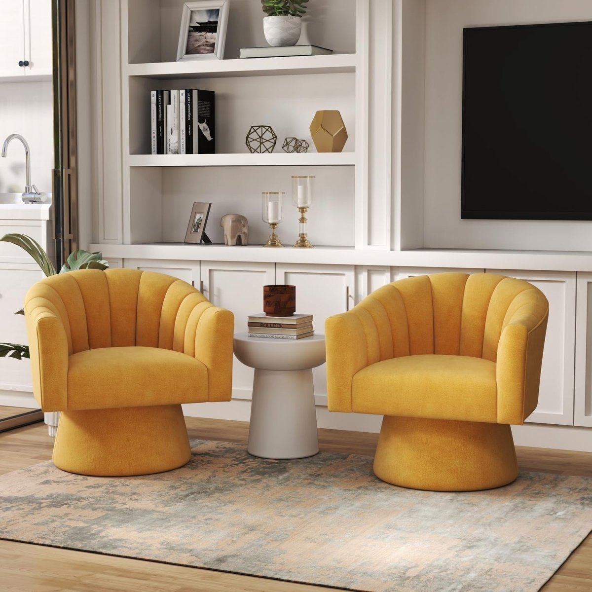 Mustard Velvet Swivel Accent Chair 360° Barrel Lounge Armchair - Kwikley