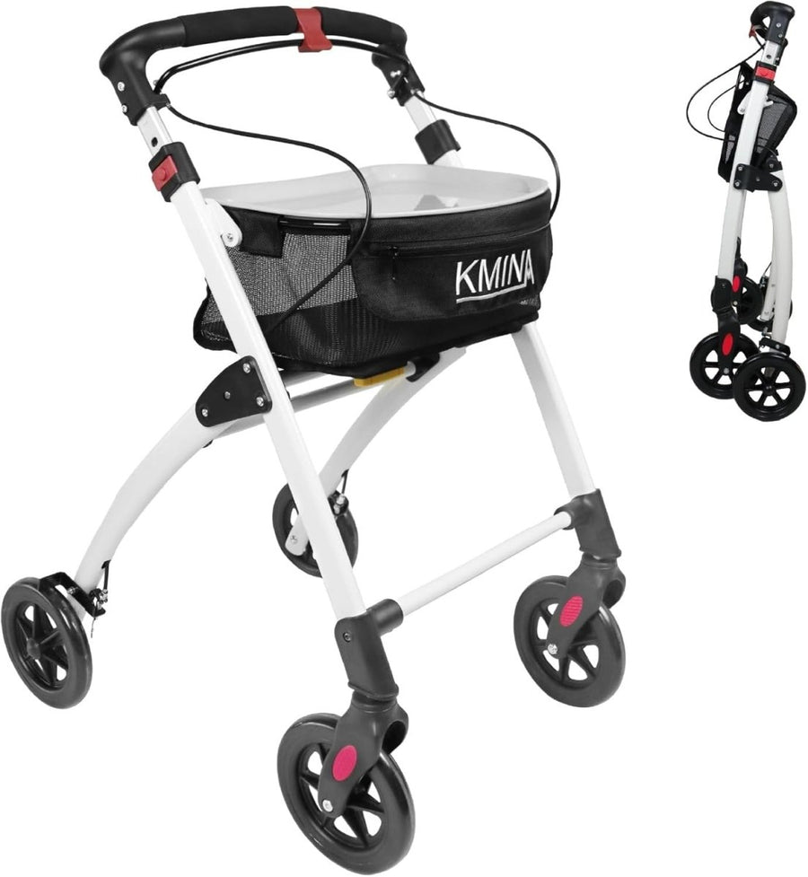 Narrow 4 Wheel Rollator Walker Tray Seat Basket Folding Indoor Mobility Aid - Kwikley