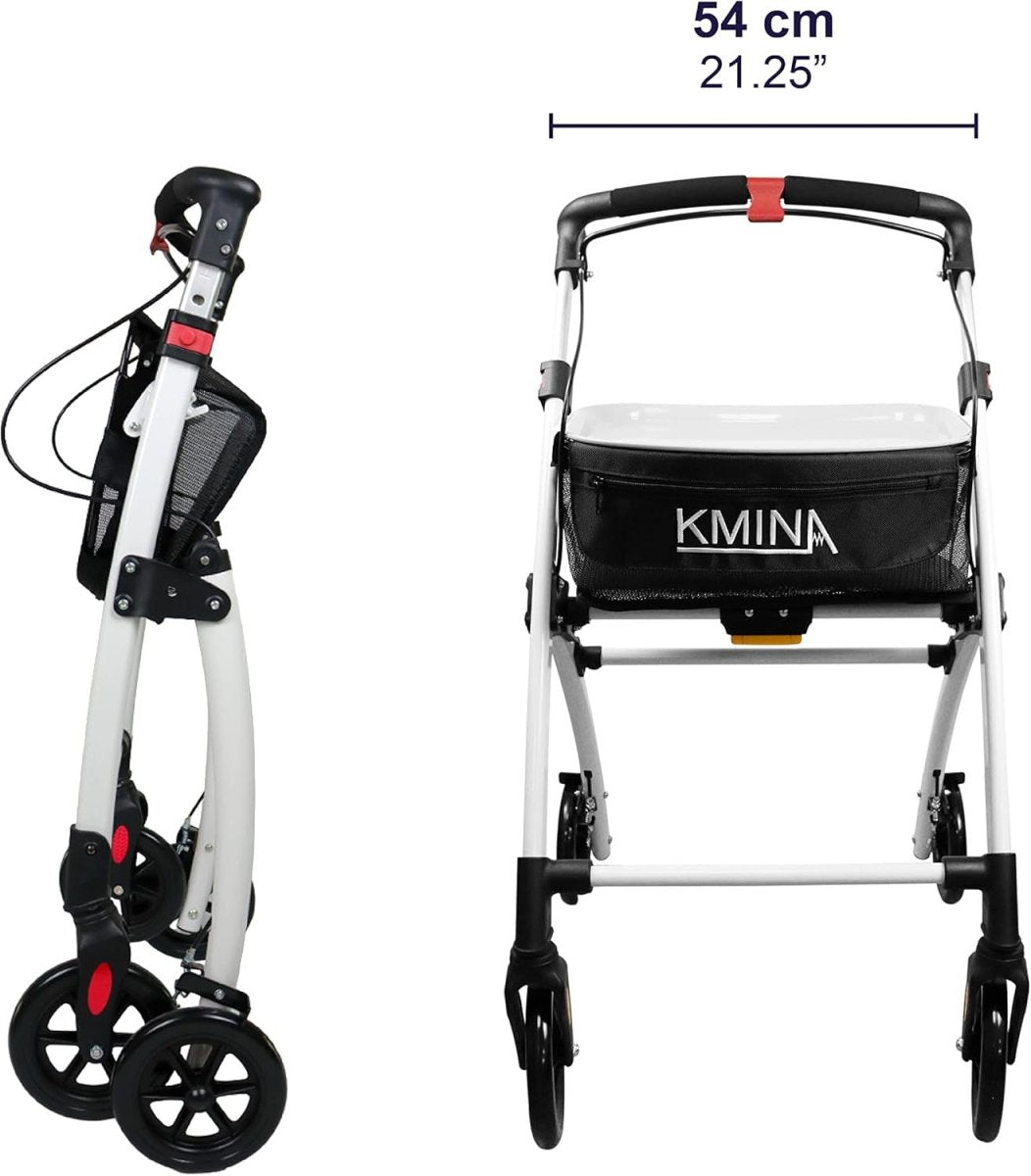 Narrow 4 Wheel Rollator Walker Tray Seat Basket Folding Indoor Mobility Aid - Kwikley