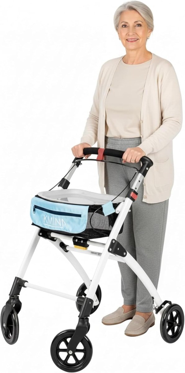 Narrow 4 Wheel Rollator Walker with Tray Seat Basket Folding Indoor Mobility Aid - Kwikley
