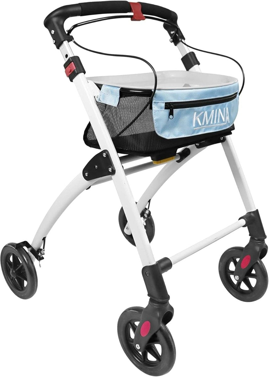 Narrow 4 Wheel Rollator Walker with Tray Seat Basket Folding Indoor Mobility Aid - Kwikley