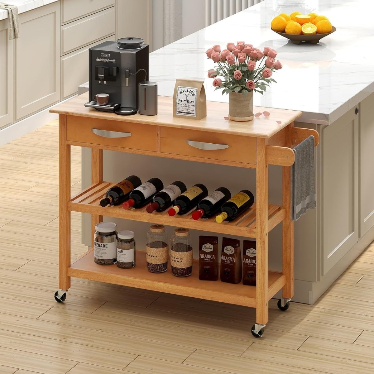 Natural 116cm Kitchen Island Cart Rubber Wood - Kwikley