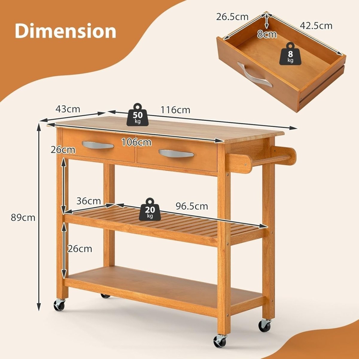 Natural 116cm Kitchen Island Cart Rubber Wood - Kwikley