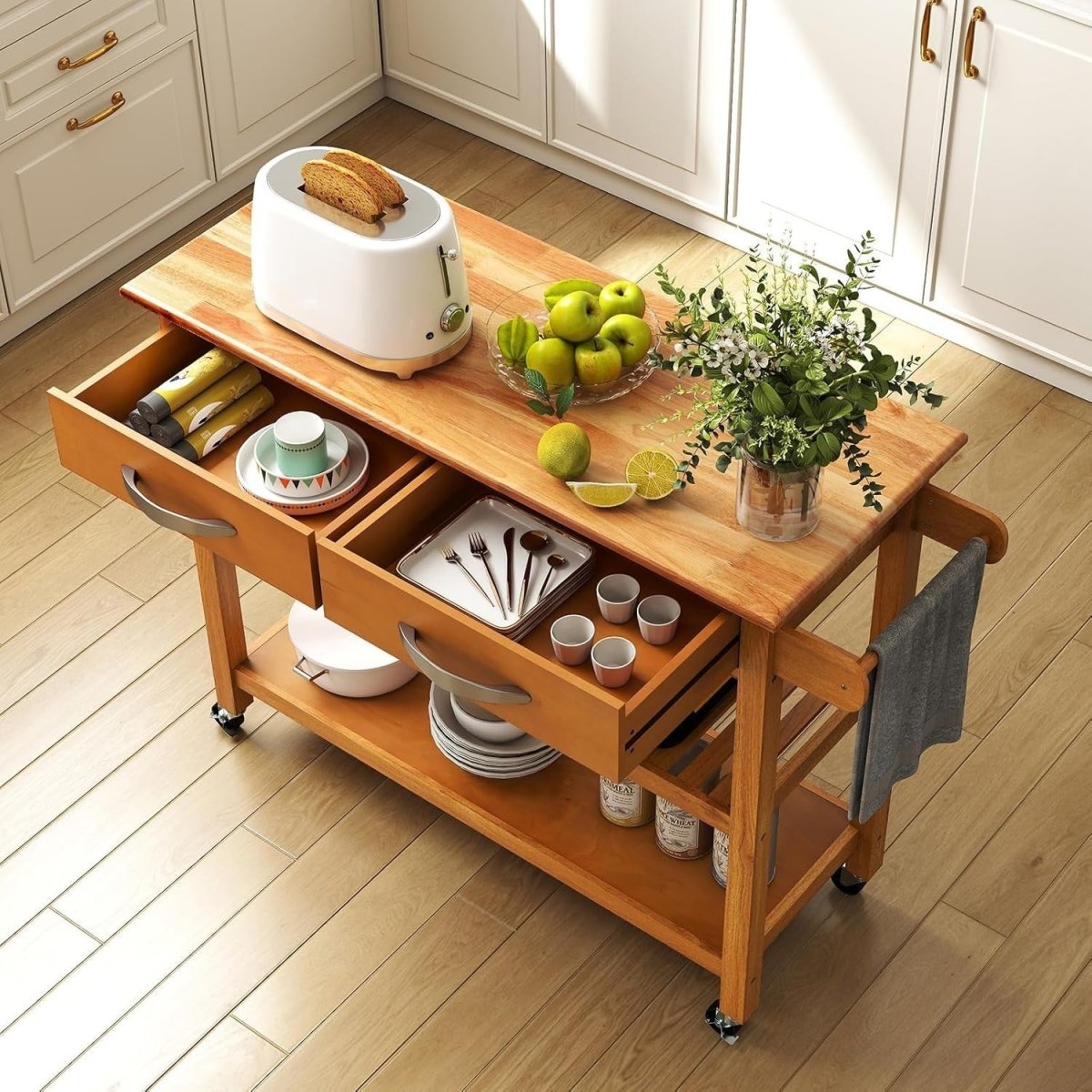 Natural 116cm Kitchen Island Cart Rubber Wood - Kwikley
