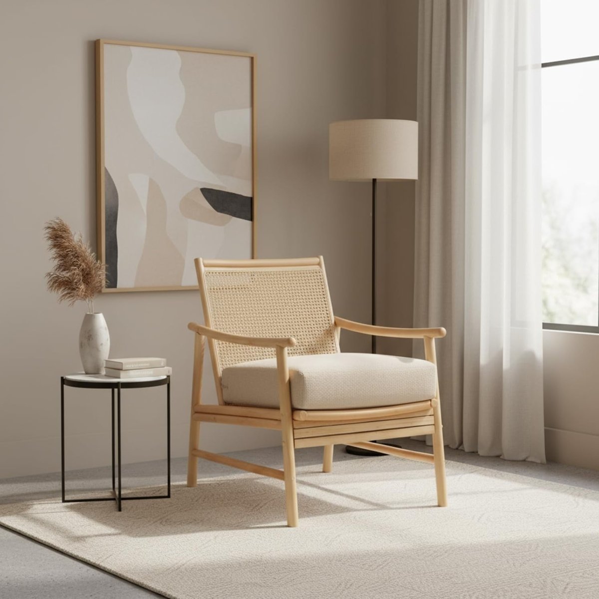 Natural Cane Accent Chair Indoor Rattan Bedroom Reading Chair with Cushion - Kwikley