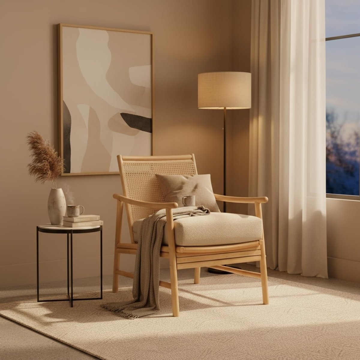 Natural Cane Accent Chair Indoor Rattan Bedroom Reading Chair with Cushion - Kwikley