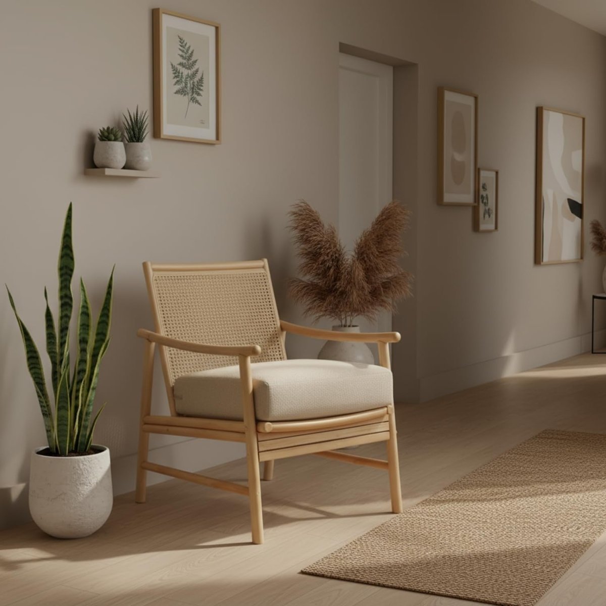 Natural Cane Accent Chair Indoor Rattan Bedroom Reading Chair with Cushion - Kwikley