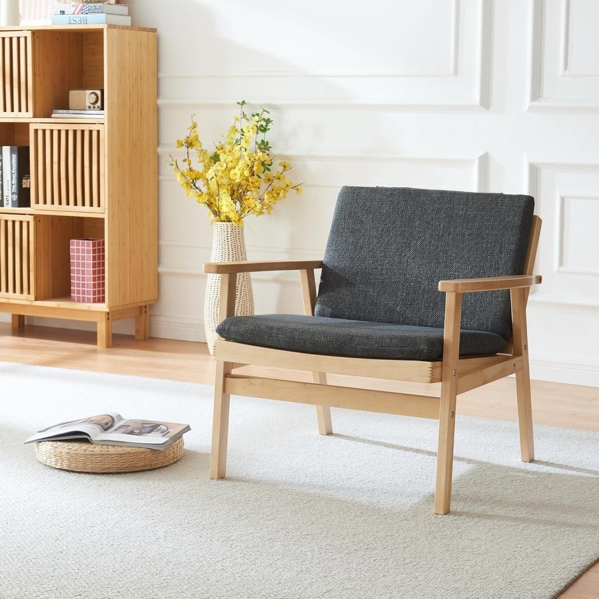 Natural Rattan Accent Armchair Wood Frame Padded Seat Grey - Kwikley