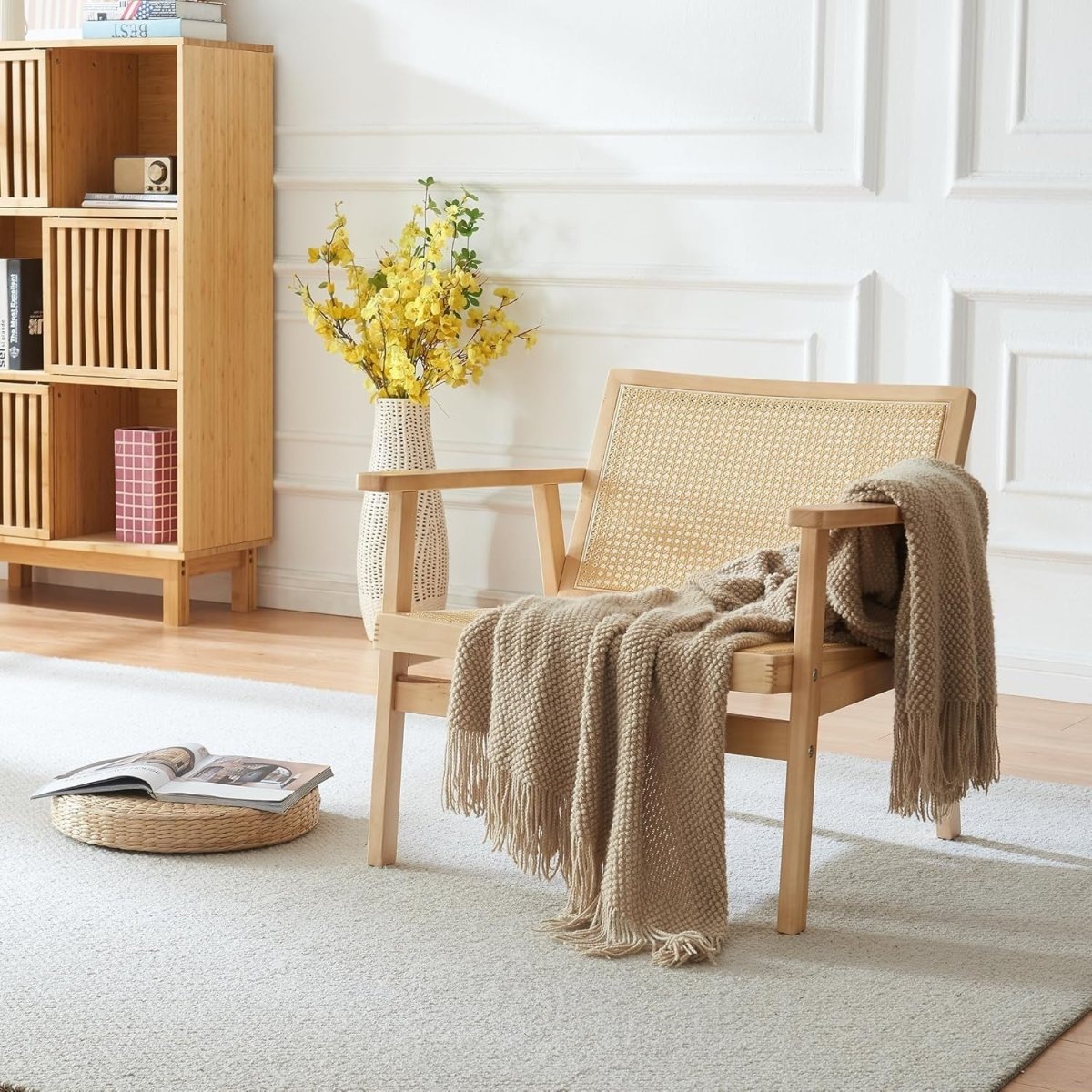 Natural Rattan Accent Armchair Wood Frame Padded Seat Grey - Kwikley