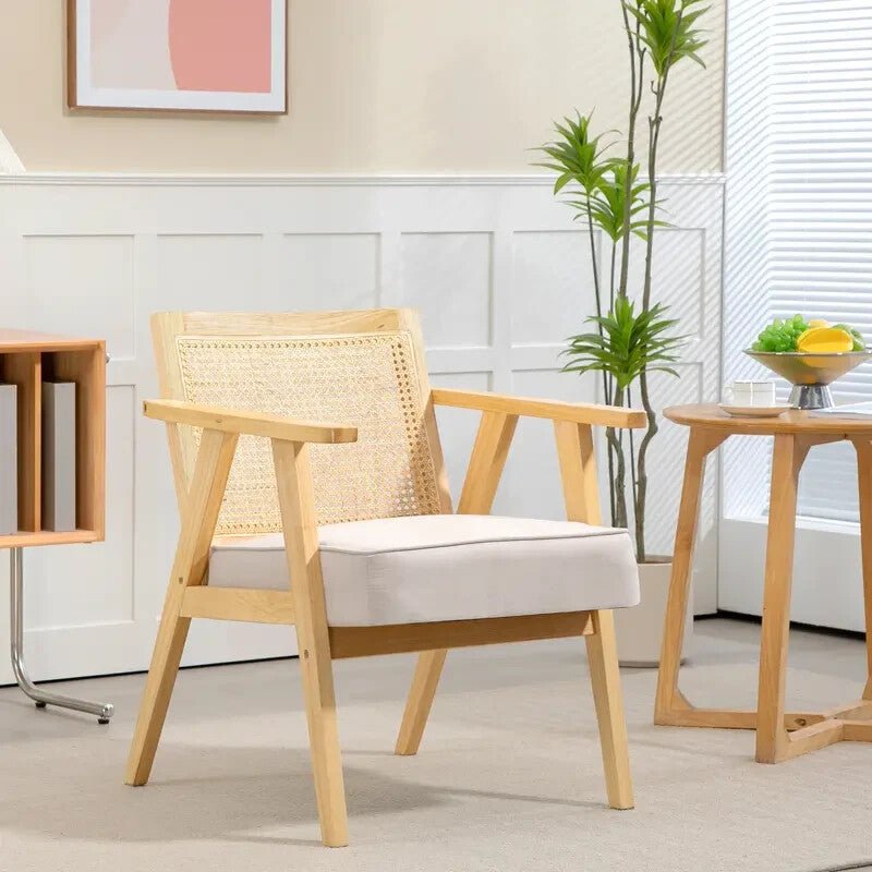 Natural Rattan Wood Accent Chair with Padded Seat – Lounge or Office - Kwikley